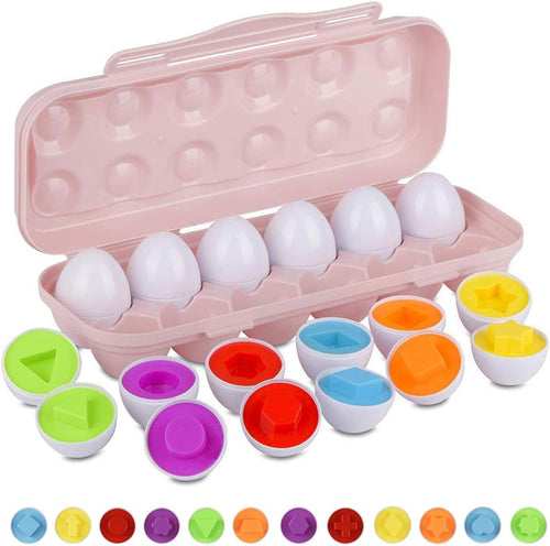 Color Shape Matching Eggs for Toddlers, Preschool Learning Educational Sorting Easter Eggs Toys Gift Recognition Skills for Kids Boys Girls with Pink Eggs Holder, 12 Eggs