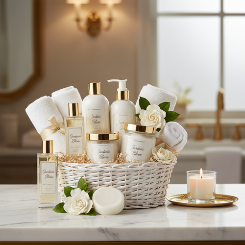 Gardenia self care spa gift basket with white gardenia flowers and luxury bath products